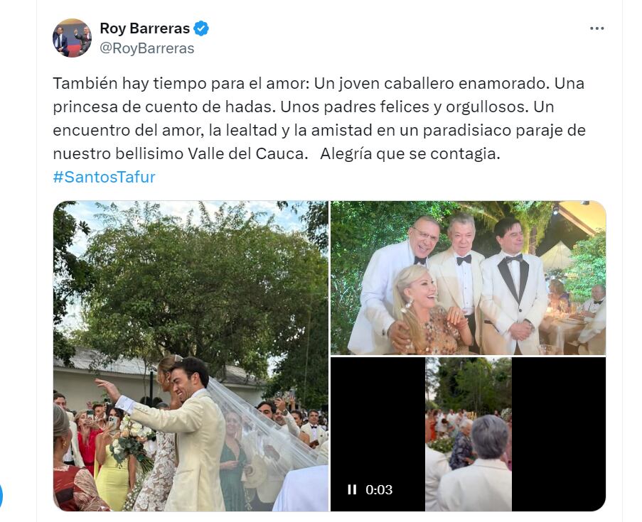 Roy Barreras felicitó a Martín Santos por su matrimonio - crédito @RoyBarreras/X