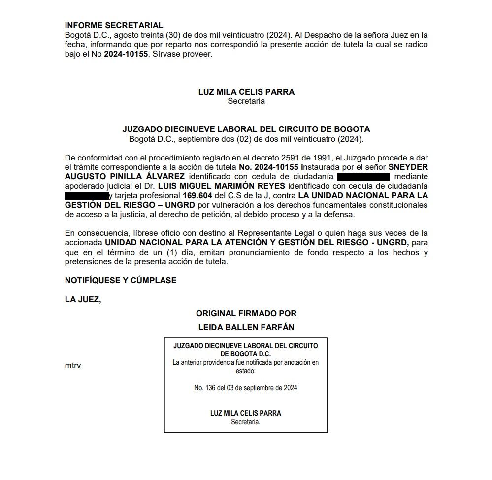 Tutela de la defensa de Sneyder Pinilla contra la Ungrd admitida por el Juzgado 19 de Bogotá - crédito Juzgado 19 de Bogotá