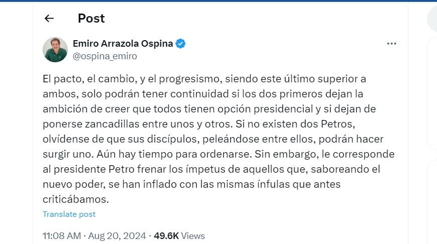 Emiro Arrazola Ospina criticó a los posibles candidatos del Pacto Histórico - crédito @ospina_emiro