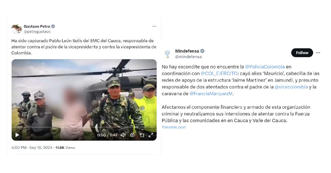 El presidente Gustavo Petro informó que el hombre capturado responde al nombre de Pablo León Solís - crédito @petrogustavo/X y @mindefensa/X