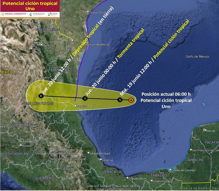 Posible trayectoria del Potencial Ciclón Tropical Uno para este miércoles 19 de junio