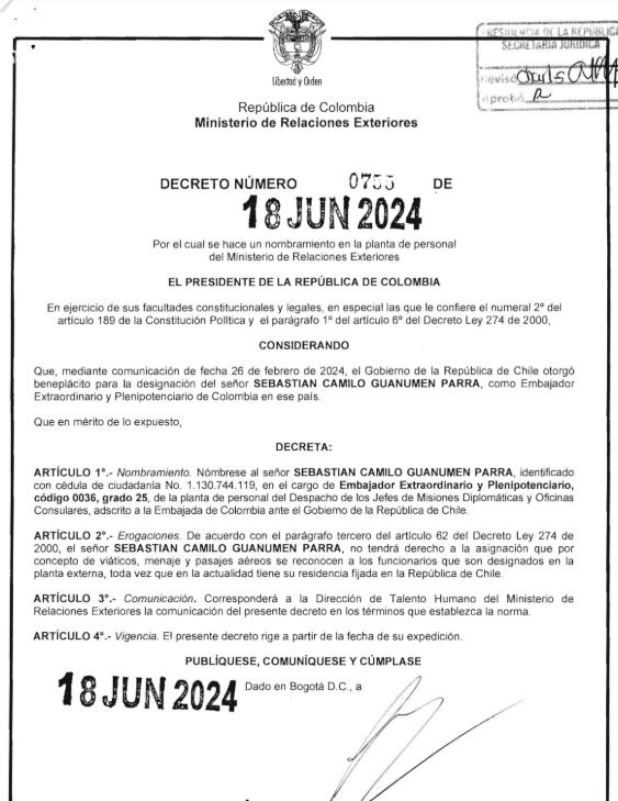 Sebastián Guanumen es nuevo embajador de Colombia en Chile - crédito @lafm/X