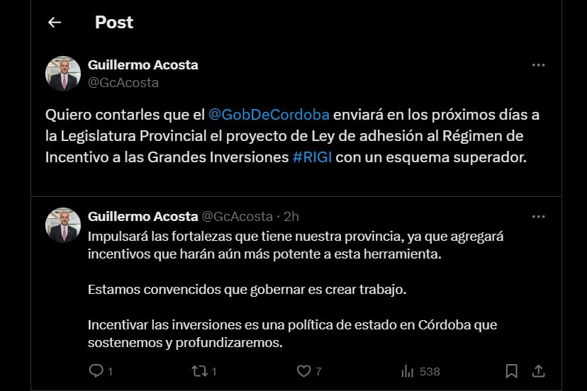 El tweet del ministro de Economía de Córdoba, Guillermo Acosta