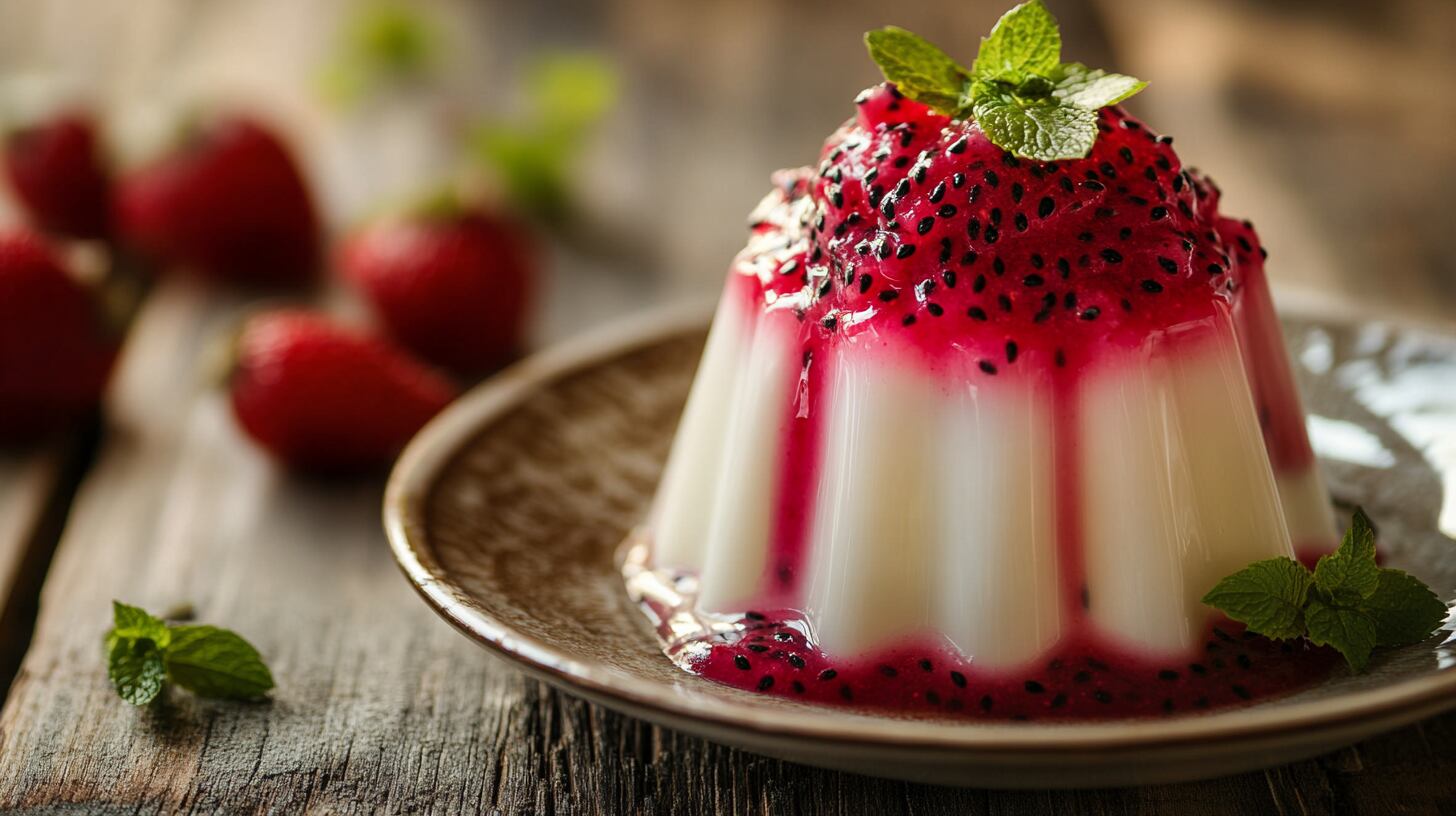 Gelatina blanca de yogurt con salsa de red dragon fruit, postre cremoso y saludable, rico en vitaminas y antioxidantes, perfecto para un final refrescante - (Imagen Ilustrativa Infobae)