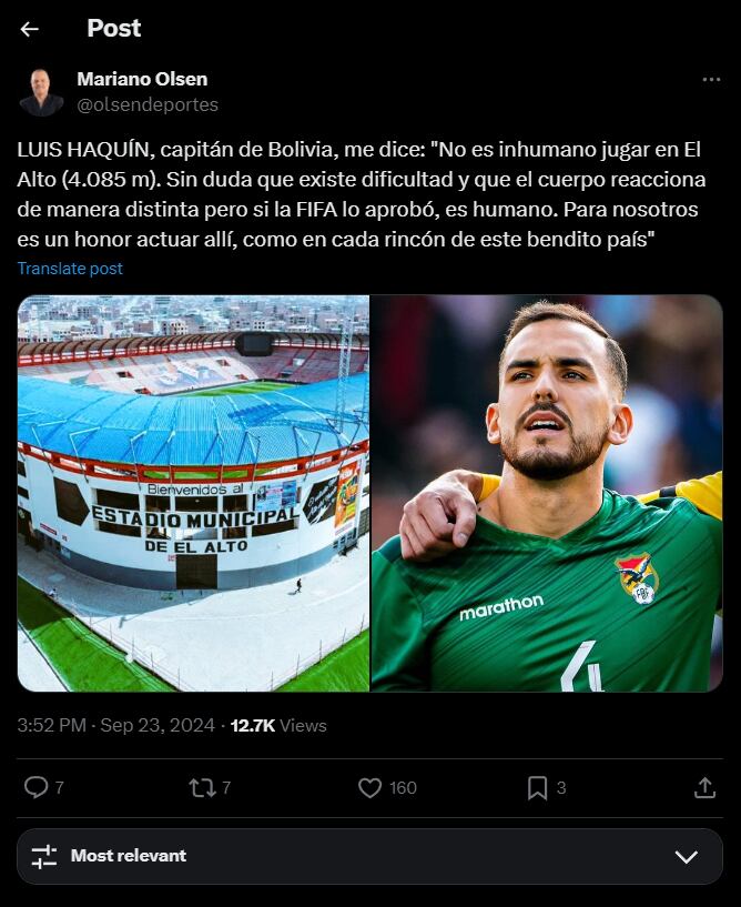 De esta forma, Olsen mencionó lo que le comentó el capitán de la selección boliviana de fútbol, Luis Haquin - crédito @olsendeportes / X