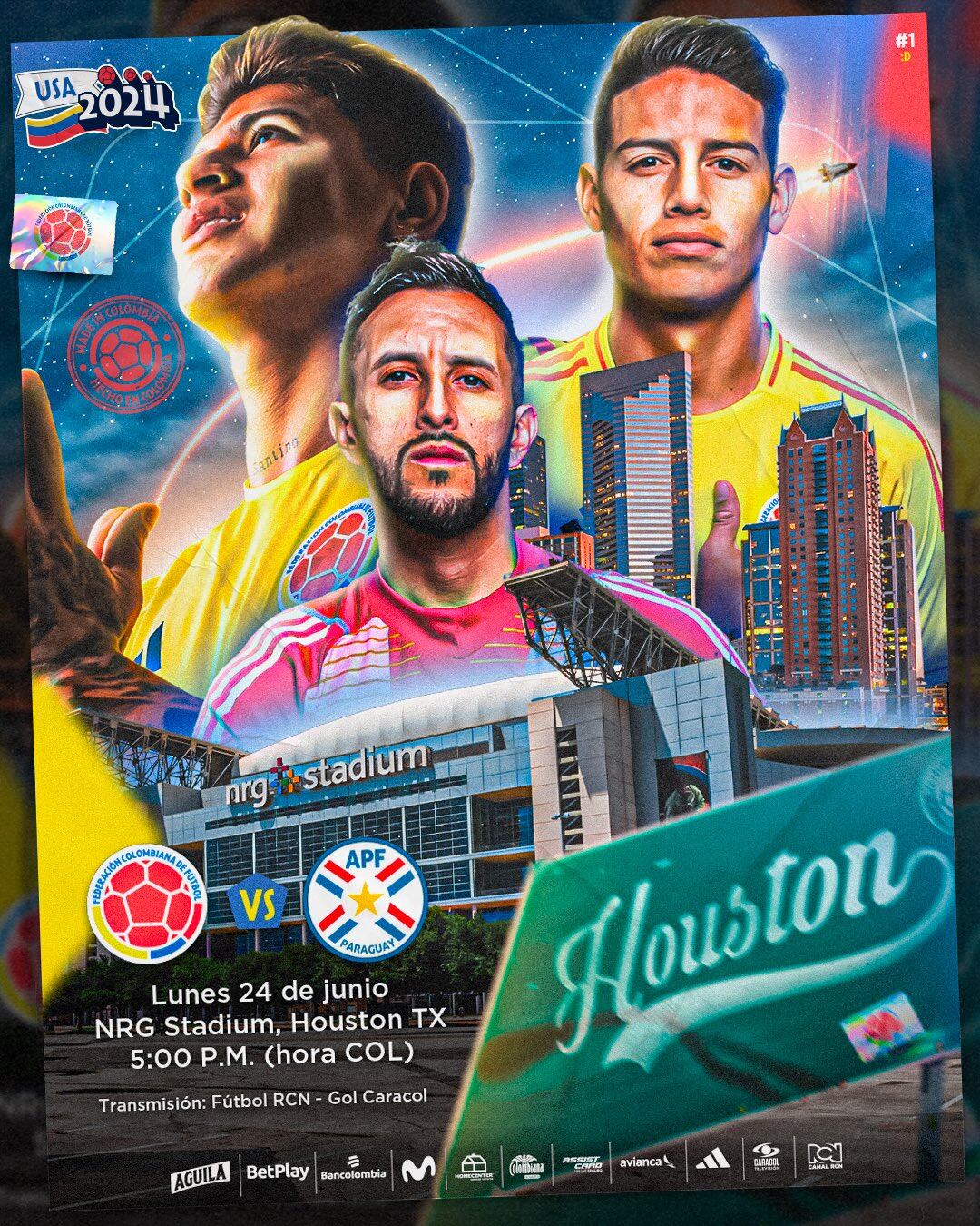 James Rodríguez, Camilo Vargas y Jorge Carrascal son la imagen de la selección Colombia en el afiche de promoción del partido - crédito Federación Colombiana de Fútbol