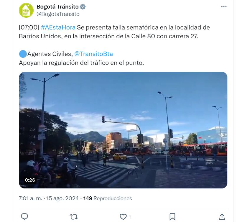 No se reportan novedades mayores en la capital del país en materia de movilidad - crédito @BogotaTransito/X