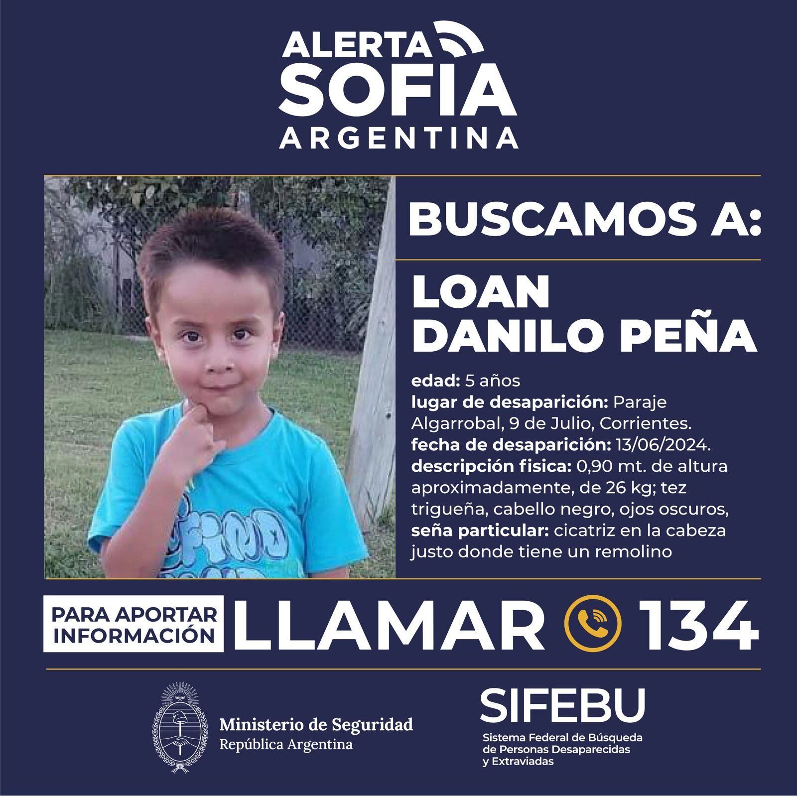 Activaron el Alerta Sofía ante la desaparición de Loan, de 5 años