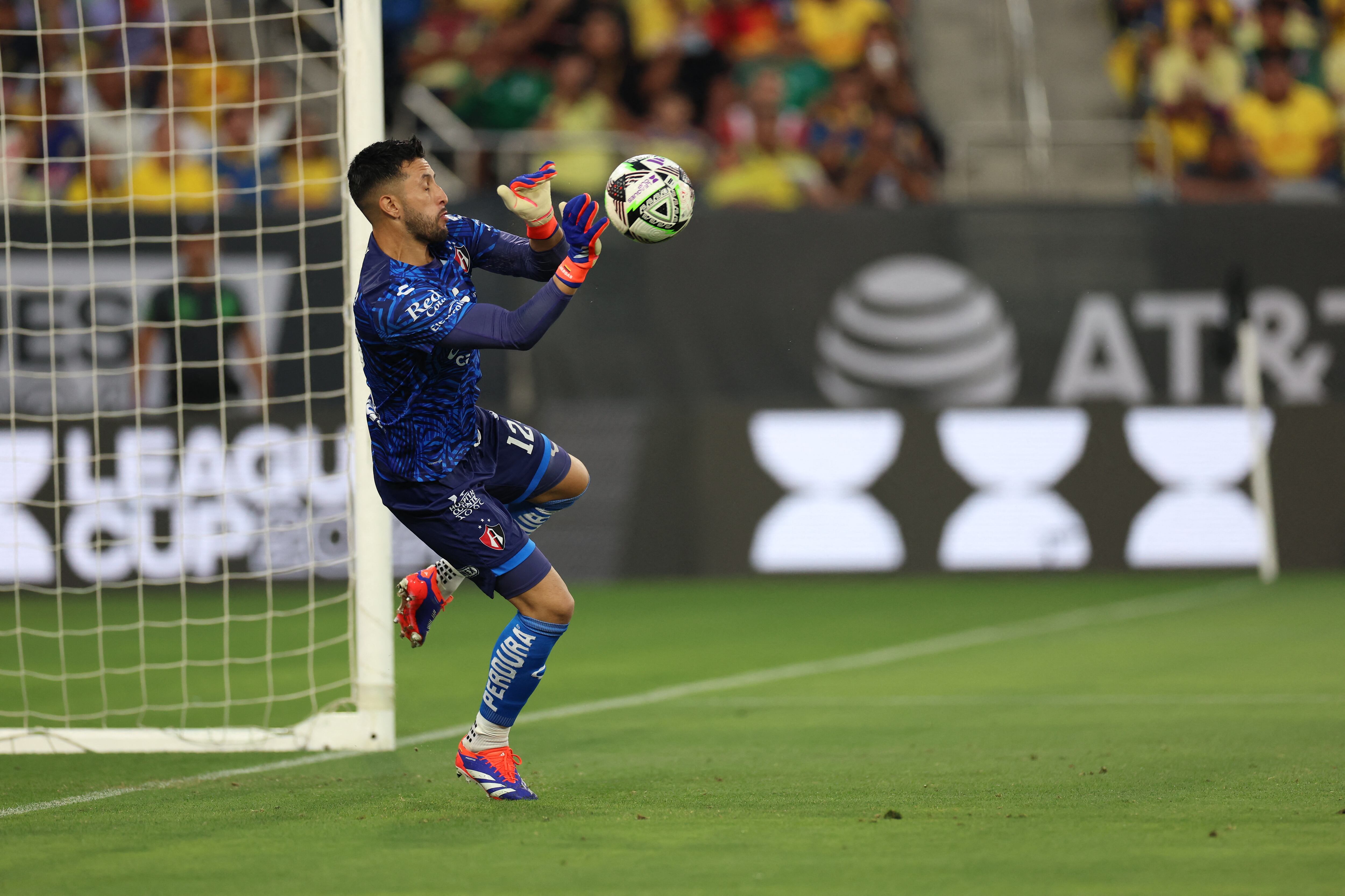 Aug 9, 2024; San Diego, California, USA;  Atlas FC goalkeeper Camilo Vargas (12) stops the ball against Club America at Snapdragon Stadium. Mandatory Credit: Abe Arredondo-USA TODAY Sports