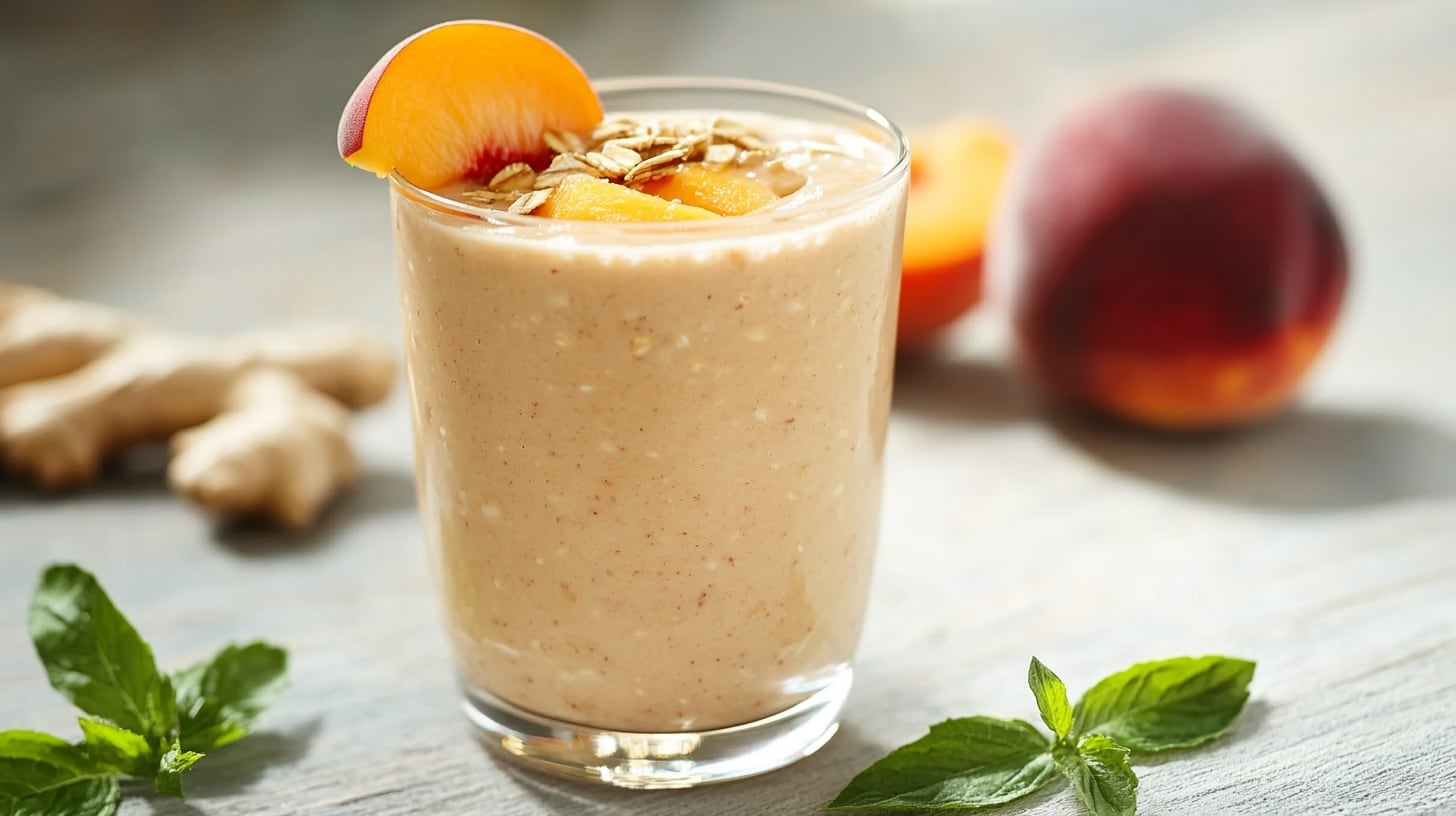 Bebida saludable de durazno, avena y jengibre, mezcla nutritiva, smoothie energético, desayuno refrescante, receta de frutas - (Imagen Ilustrativa Infobae)