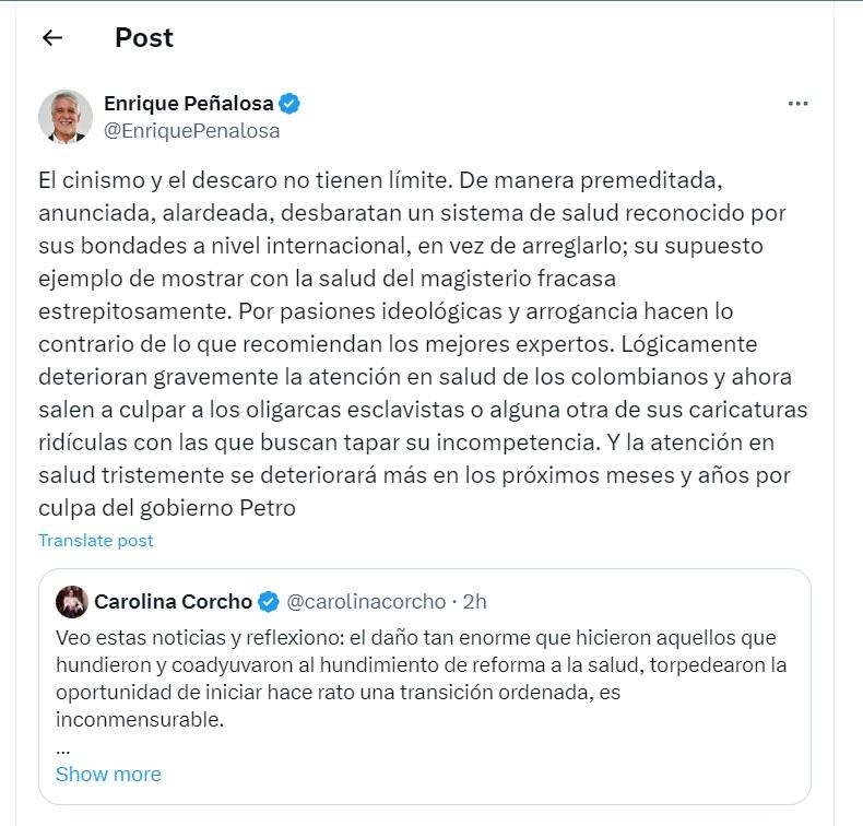 Enrique Peñalosa respondió a Carolina Corcho y cuestionó las acciones del Gobierno nacional frente al sistema de salud - crédito @EnriquePenalosa