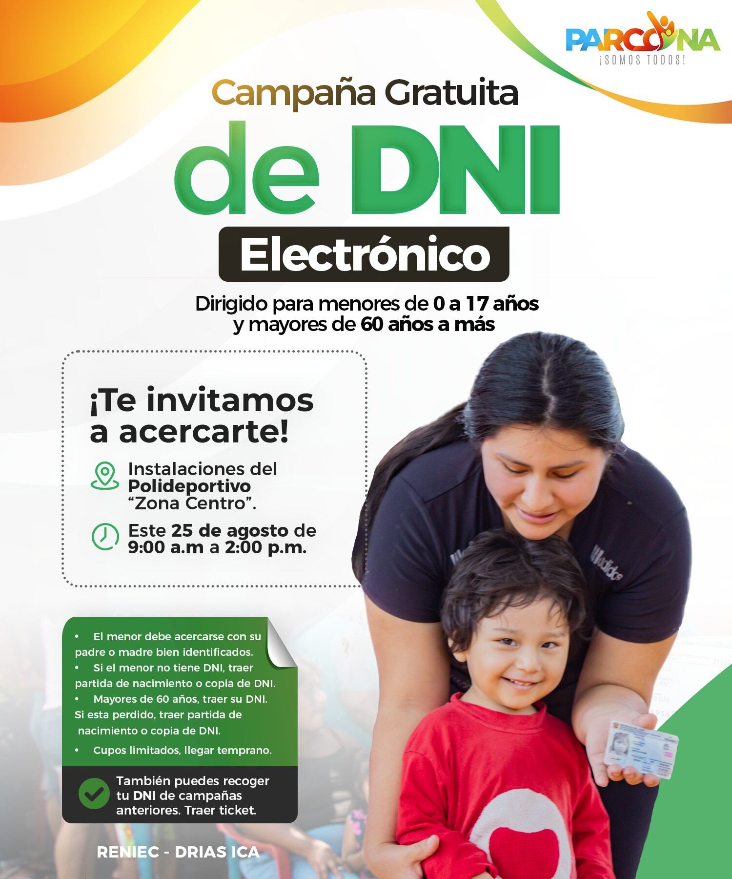 El Reniec y diversos municipios tramitarán gratis el DNI electrónico este 24 y 25 de agosto del presente año.