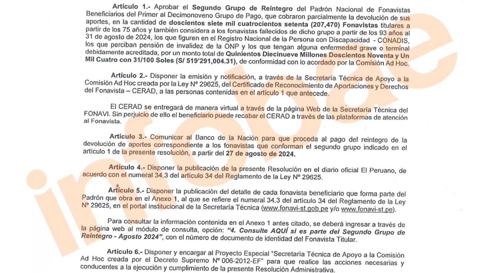 Documento de aprobación de pago del Reintegro 2 del Fonavi