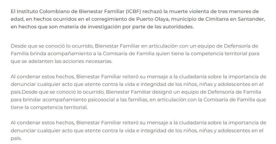 El Icbf anunció que, desde el momento en que se conoció el crimen, un equipo de Defensoría de Familia está brindando acompañamiento a las familias afectadas - crédito Icbf/Sitio web