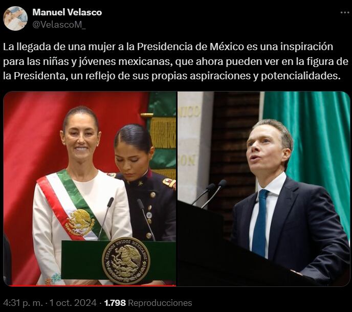 “¡La transformación de México será verde!”: Manuel Velasco a Claudia Sheinbaum 
(Foto:X)