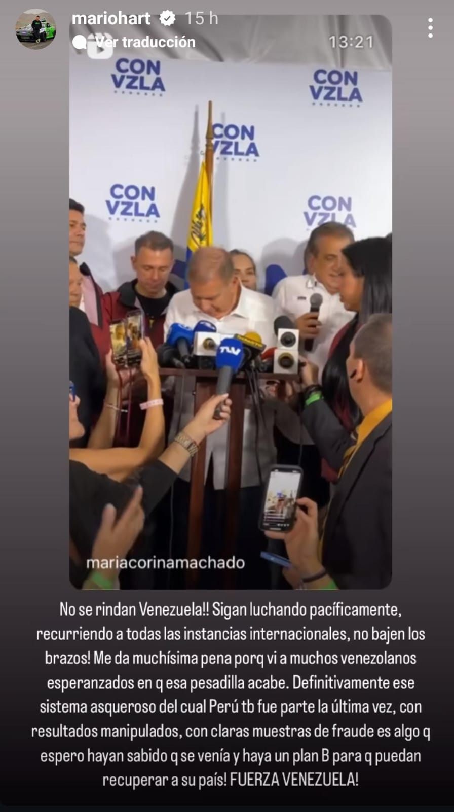 Mario Hart pide a Venezuela que no deje de luchar pacíficamente. IG