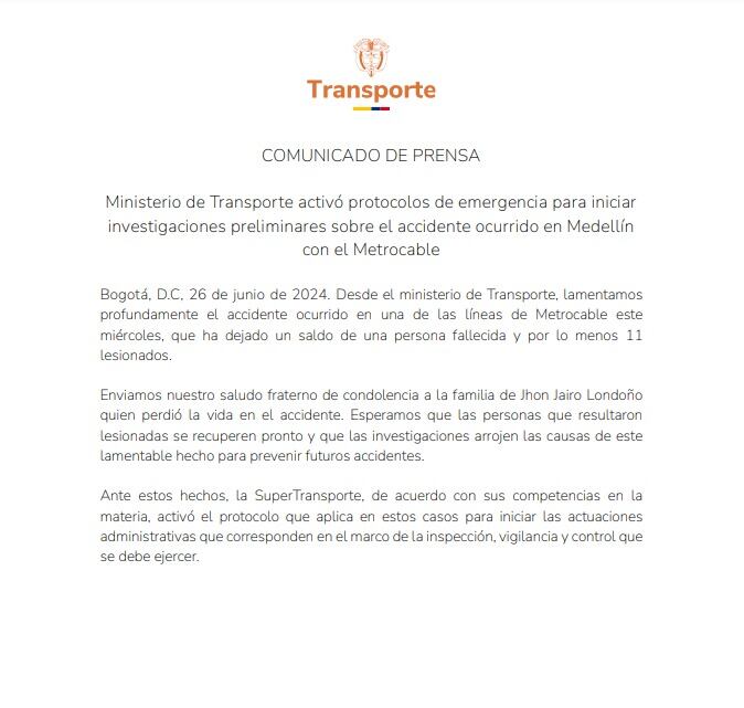 Comunicado acerca del accidente en el Metrocable de Medellín