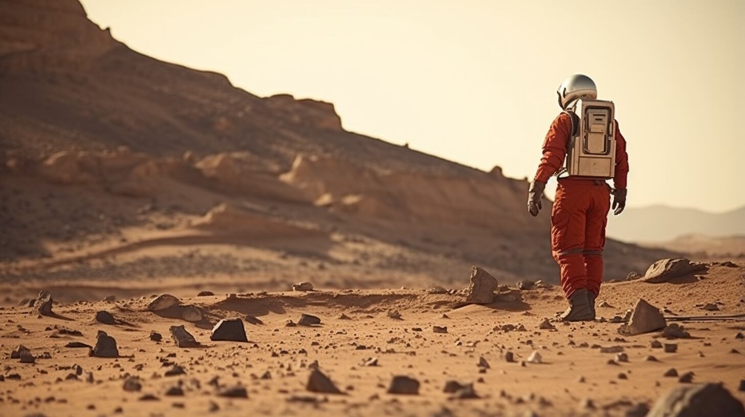 Imagen que muestra a un intrépido astronauta dando un paso en el misterioso desierto rojo de Marte, un planeta desconocido, en un viaje espacial lleno de exploración y promesas para el futuro. (Imagen ilustrativa Infobae)