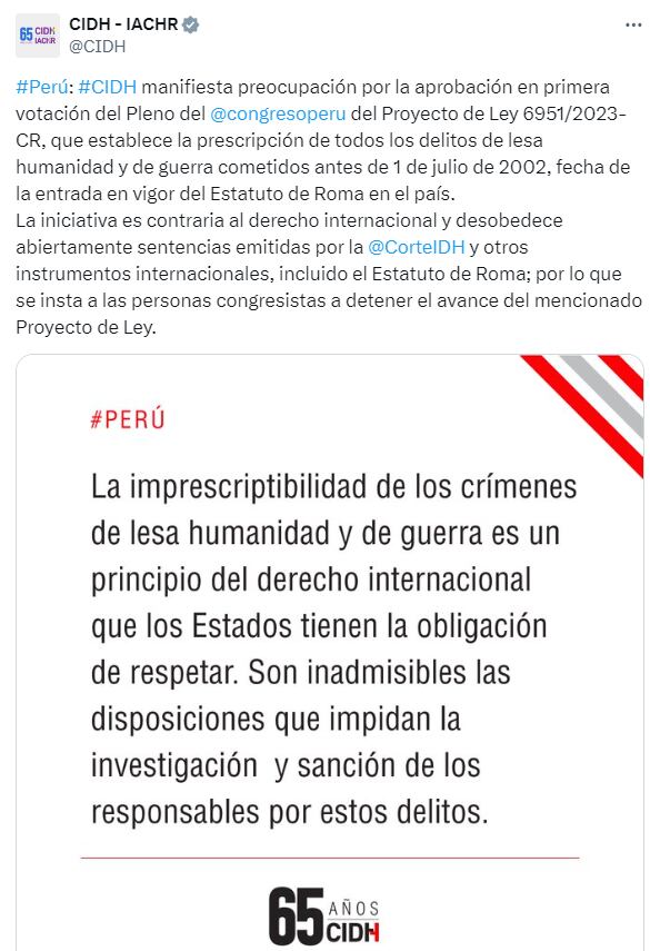 CIDH pide al Congreso de la República que detenga avance del proyecto en favor de la impunidad. CIDH/Twitter.