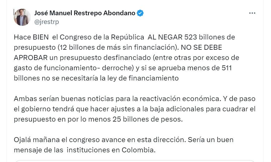 José Manuel Restrepo, exministro de Hacienda, dio a conocer el billonario ajuste que le toca hacer al Gobierno por problemas con el monto en el PGN - crédito @Jrestrp/X