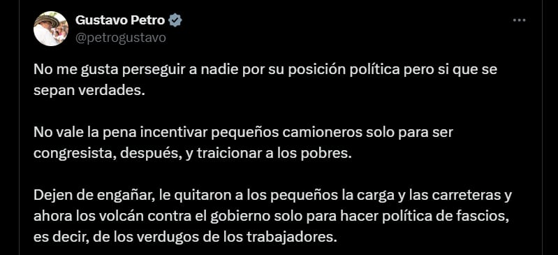 Gustavo Petro sobre el paro de camioneros en Colombia - crédito @petrogustavo/X