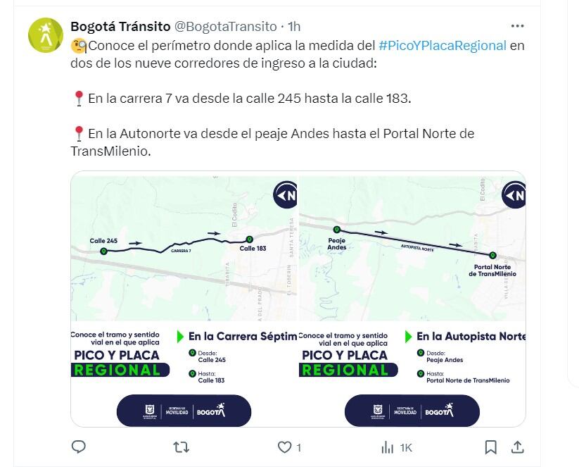Autoridades explican perímetro donde aplica Pico y Placa regional en dos corredores de ingreso a la ciudad - crédito @BogotaTransito