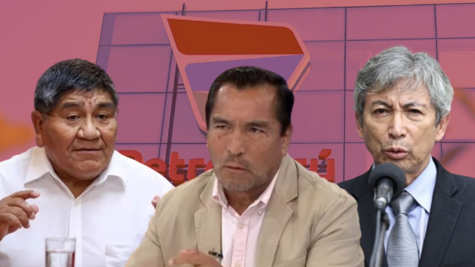 Alejandro Narváez, Rómulo Mucho y José Arista con un fondo de Petroperú.