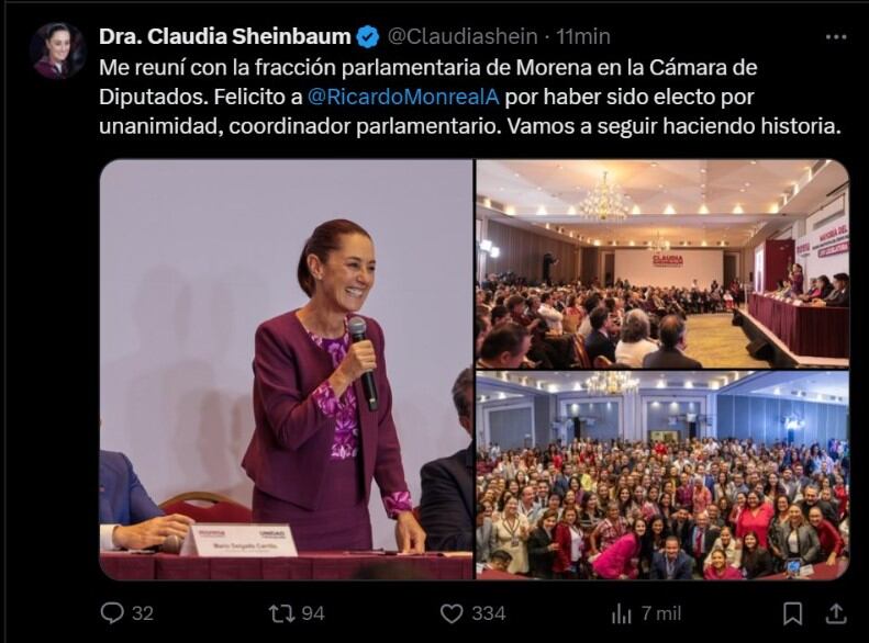 Sheinbaum celebró que Monreal será coordinador de Morena en la Cámara de Diputados. | Captura de pantalla