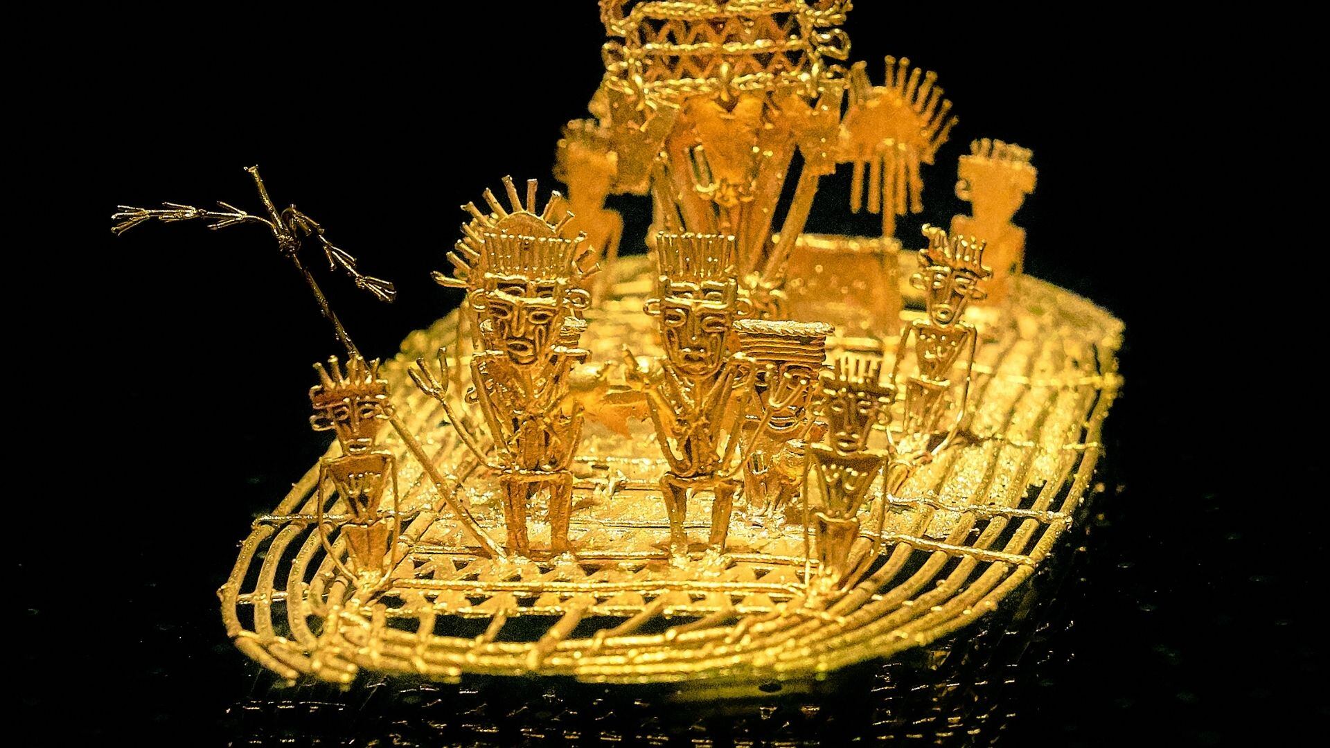 La balsa muisca es una pieza de orfebrería precolombina elaborada por la cultura muisca que se exhibe en la Sala de las Ofrendas del Museo del Oro de Bogotá, Colombia. Esta balsa de oro está asociada a la leyenda de El Dorado ya que representa el acto de investidura de poder de los jefes muiscas bañado en polvo de oro que se celebraba en la laguna de Guatavita. La pieza fue encontrada en 1969 en Pasca, Cundinamarca. Pedro Szekely/Wikimedia Commons.