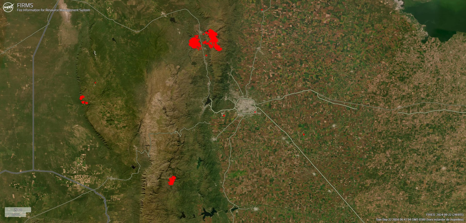 Los principales incendios en Córdoba, a las 6.40 del domingo. Imágenes satelitales de FIRMS - NASA