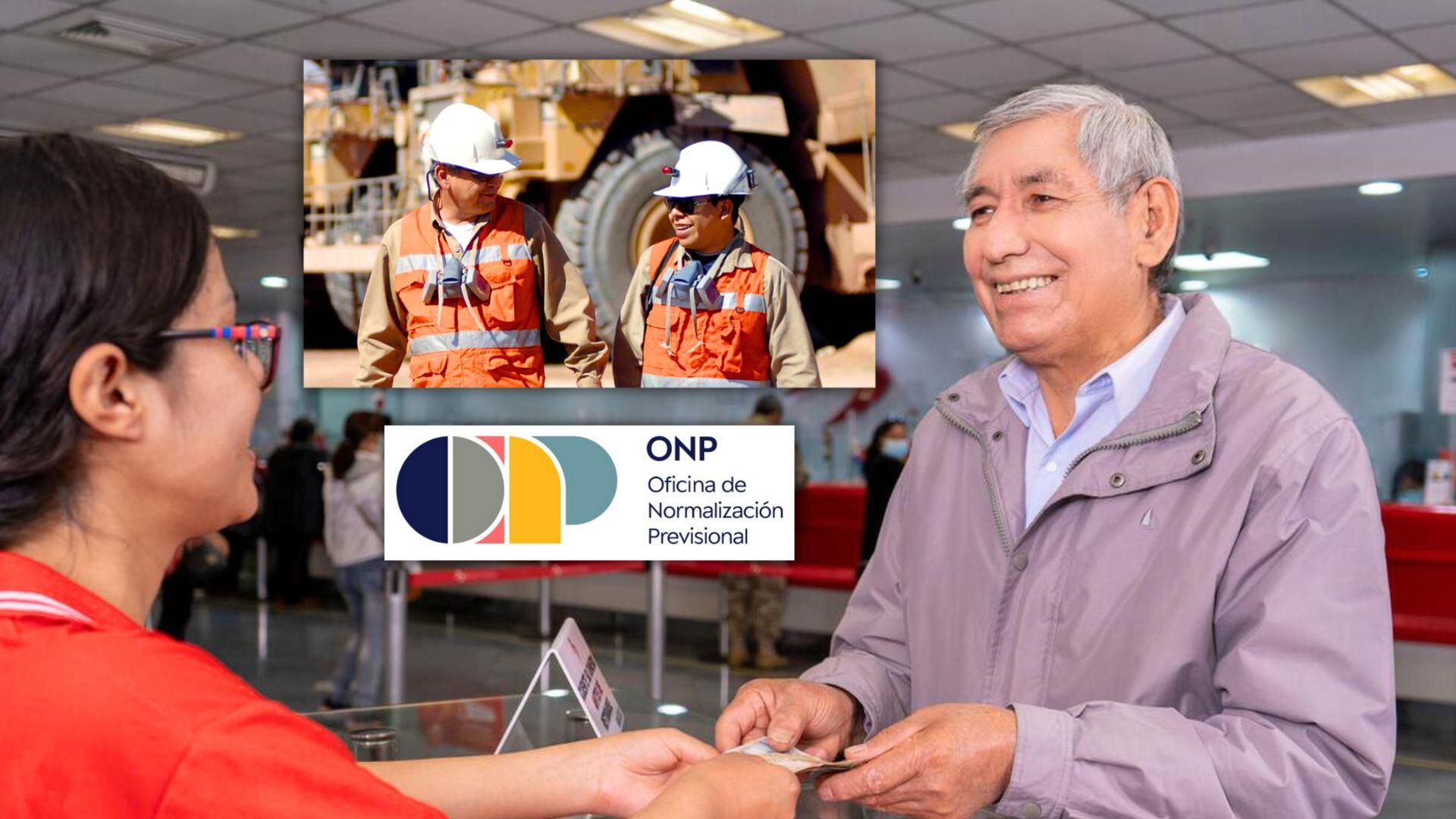 Pensionista ONP cobrando su bono y foto de mineros