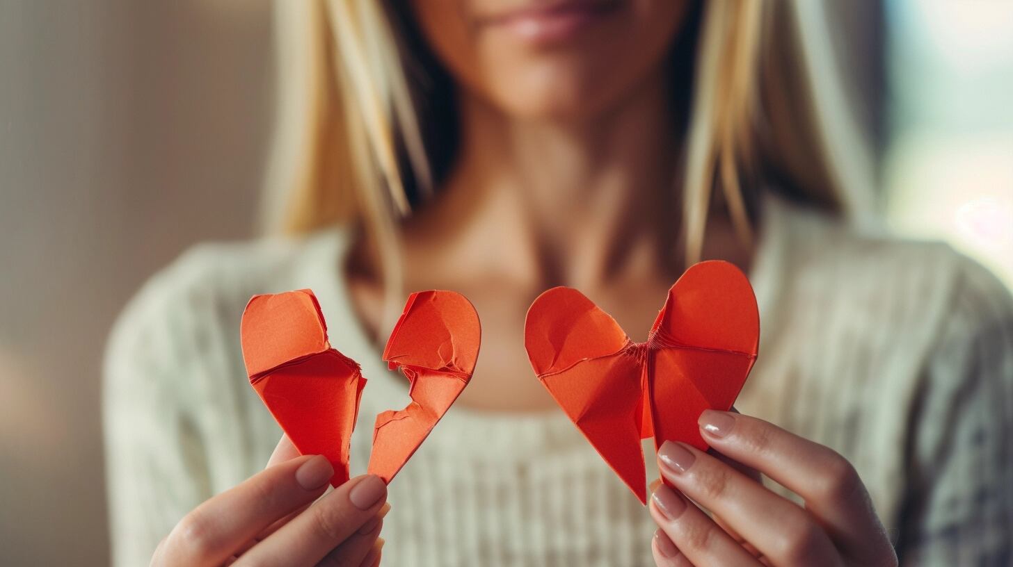 Una joven mira con tristeza un corazón de papel desgarrado, evidenciando la emoción de una ruptura sentimental. El símbolo del corazón roto ilustra el dolor de los amores perdidos, la separación emocional y la difícil realidad del rechazo en las relaciones amorosas. (Imagen ilustrativa Infobae)