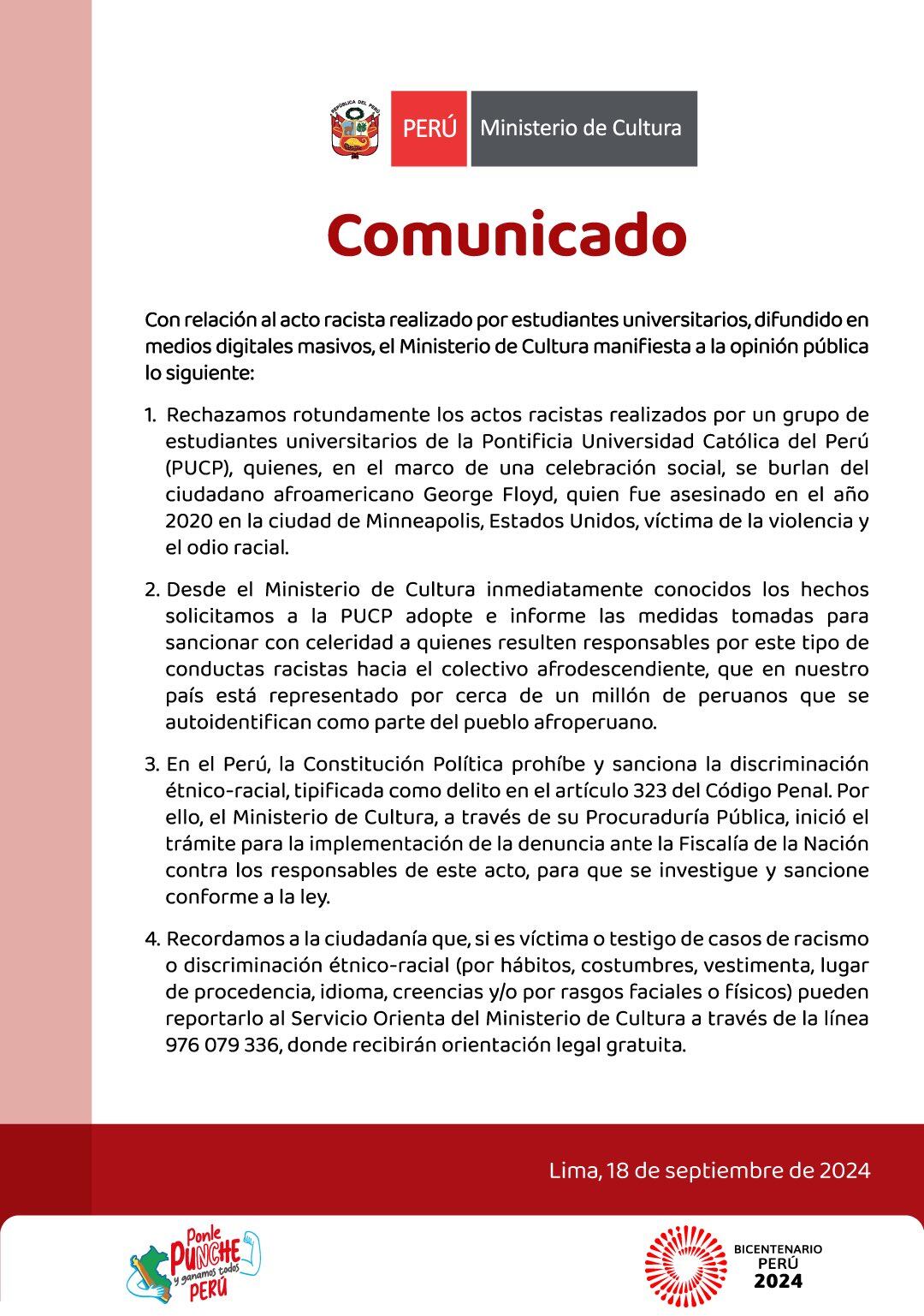 (Captura: Comunicado Ministerio de Cultura)