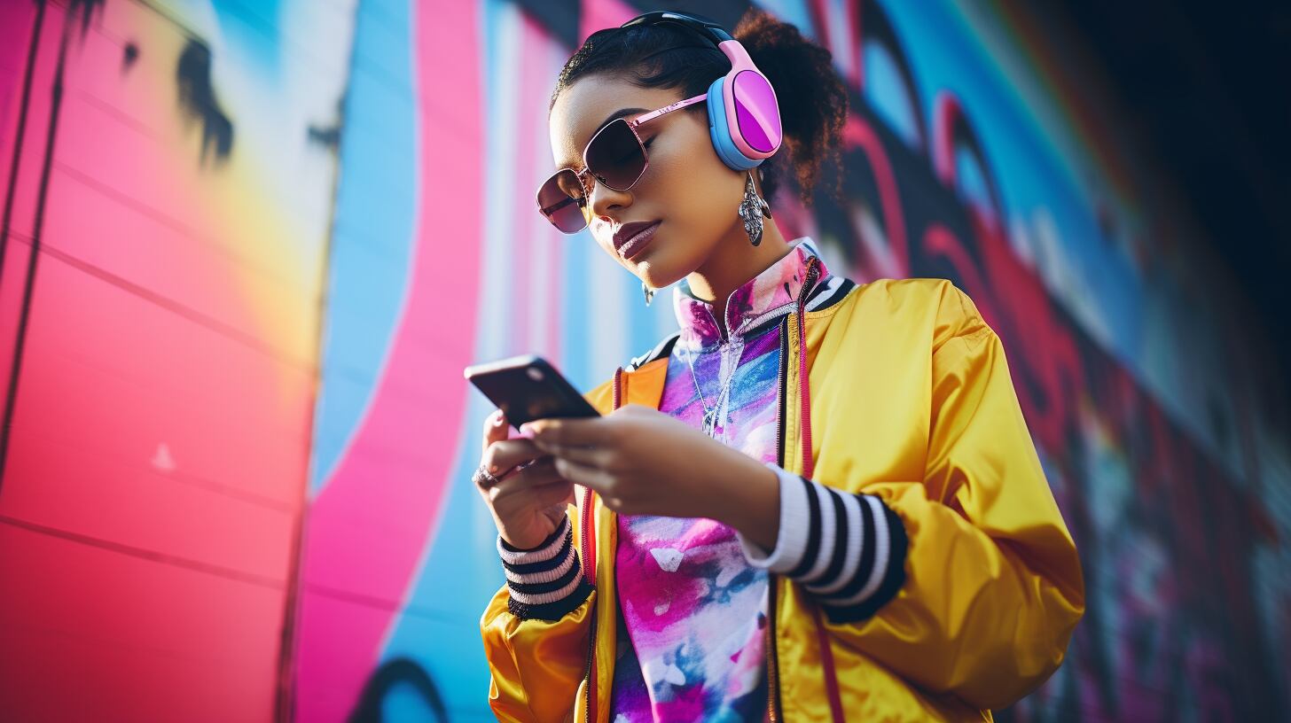 Imagen de una mujer sonriente con auriculares y ropa moderna y colorida, disfrutando de la música. Su expresión refleja alegría y bienestar. Inspiración para un estilo de vida saludable. (Imagen ilustrativa Infobae)