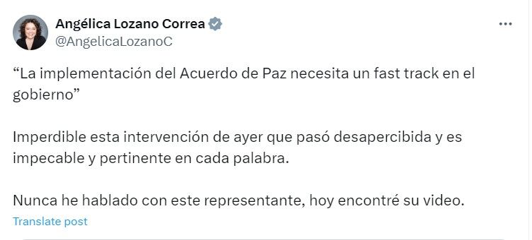 La senadora se mostró de acuerdo con la declaración de la oposición, referente al Fast Track - crédito @AngelicaLozanoC/X