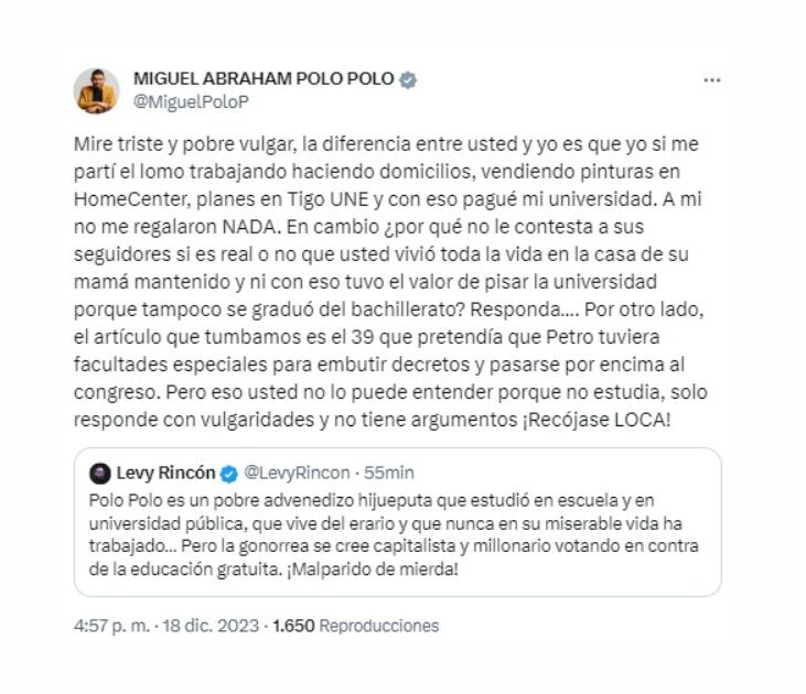 Miguel Polo Polo se defendió en redes al destacar su trabajo y esfuerzo para costear su educación, y cuestionó la trayectoria del influenciador Levy Rincón - crédito @MiguelPoloP/X