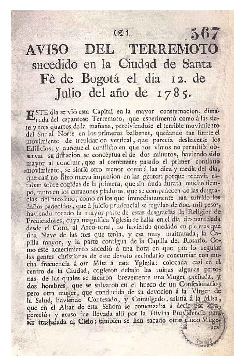 Copia digital del Aviso del Terremoto, la primera publicación periodística de la historia en Colombia que fue elaborada en 1785. (Crédito: Biblioteca Virtual del Banco de la República)