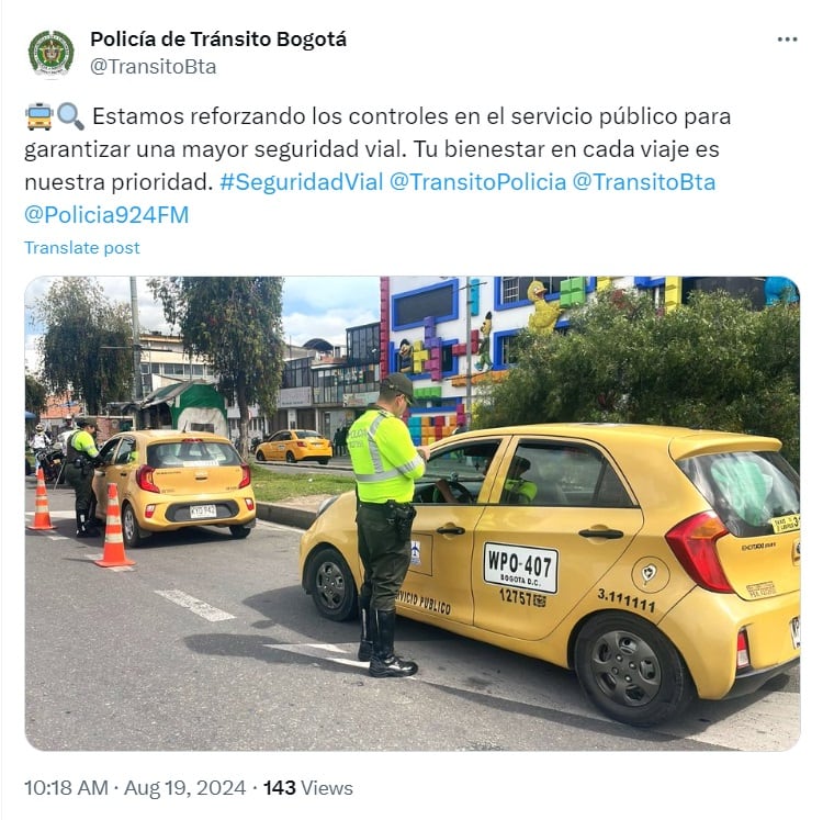 La policía adelanta controles a los conductores de taxis en varios puntos de la capital - crédito @TransitoBta/X