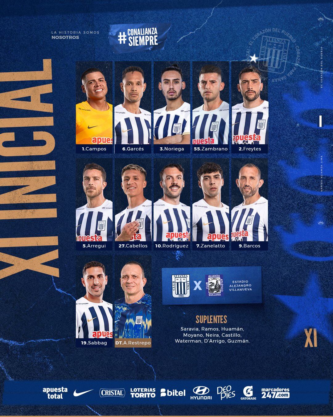 Alineación titular de Alianza Lima para enfrentar a Alianza Atlético.