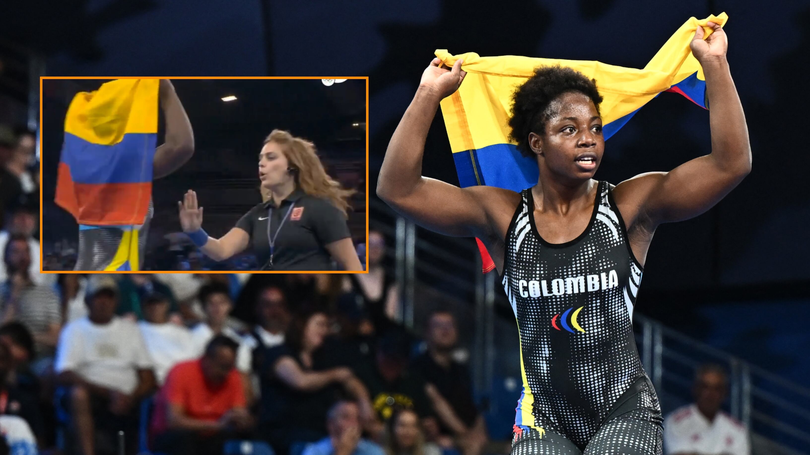 Tatiana Rentería exhibe orgullosa la bandera de Colombia tras ganar la medalla de bronce en los Juegos Olímpicos de París 2024 - crédito EFE