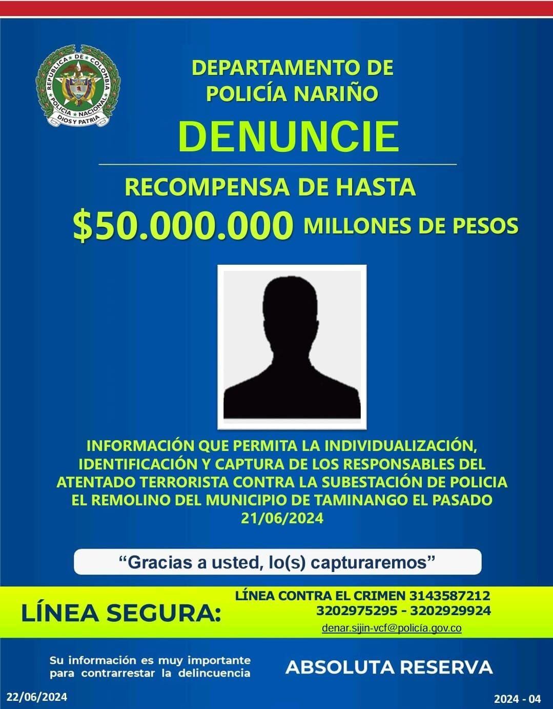 La Policía Nacional estableció una recompensa de hasta $50 millones para quienes brinden información sobre los responsables del atentado registrado en Taminango - crédito Policía Nacional