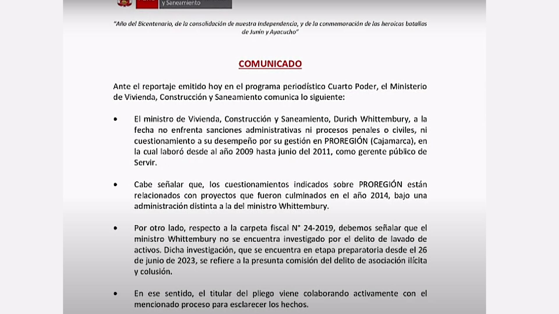 Comunicado del Ministerio de Vivienda.