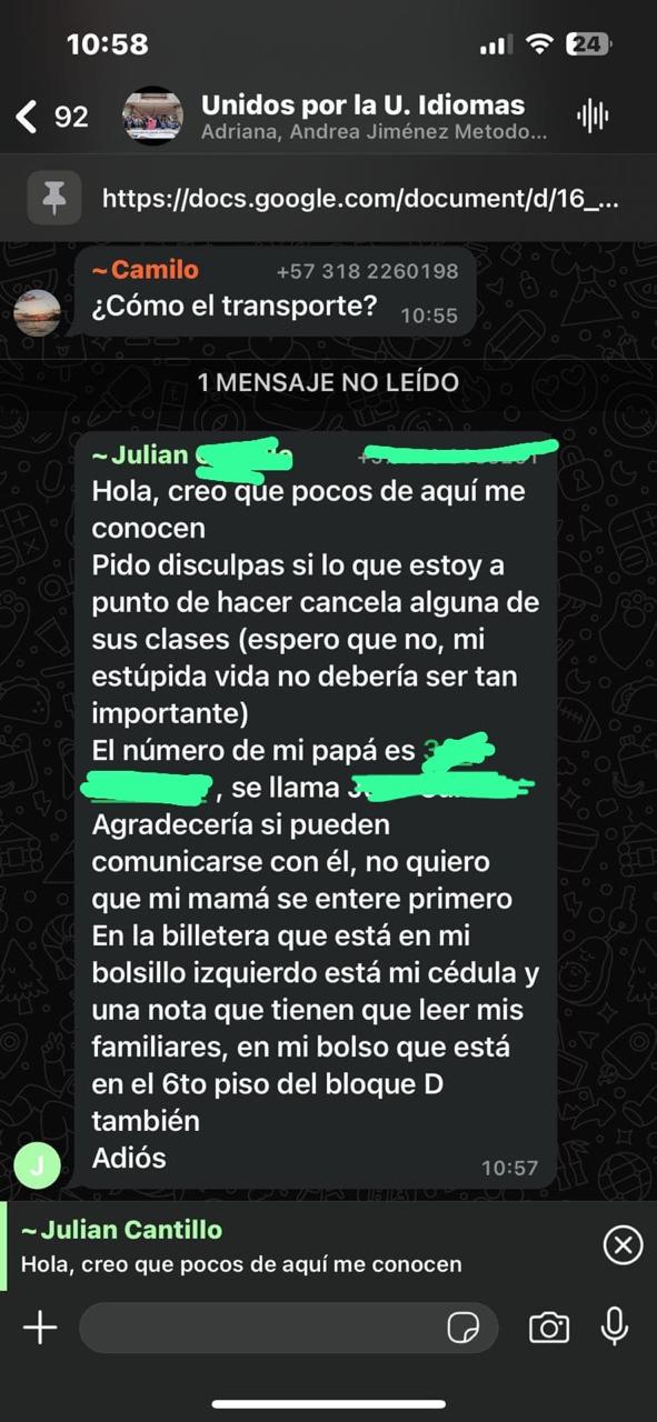 Carta de despedida en un grupo de Whatsapp del estudiante que cayó desde un edificio de la Universidad del Atlántico - crédito red social X