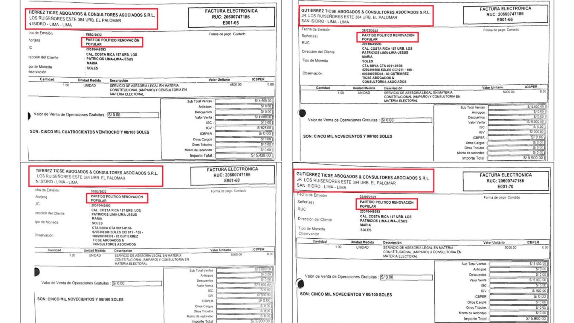 Recibo por “asesoría legal en materia constitucional (amparo) y consultoría en material electoral”.