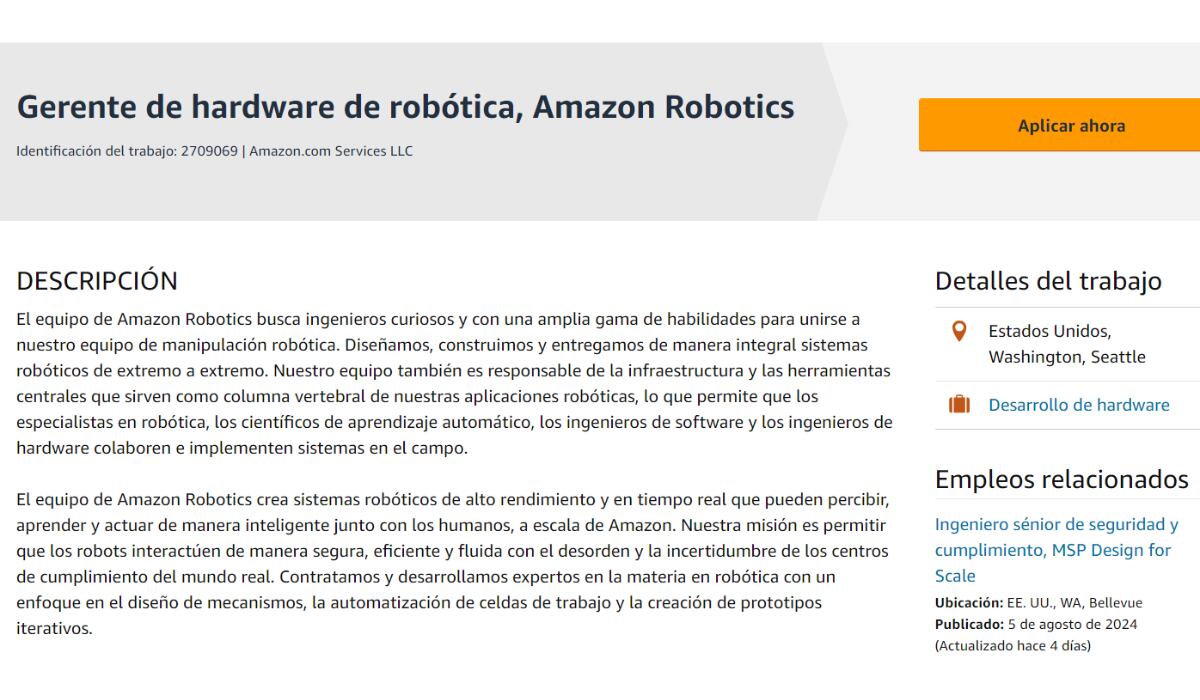 Amazon cuenta con una vacante disponible para un gerente de hardware de robótica. (Amazon)