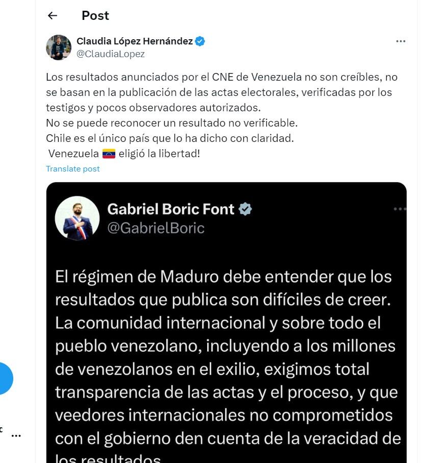 Claudia López destacó las palabras de Gabriel Boric por las elecciones en Venezuela - crédito @ClaudiaLopez