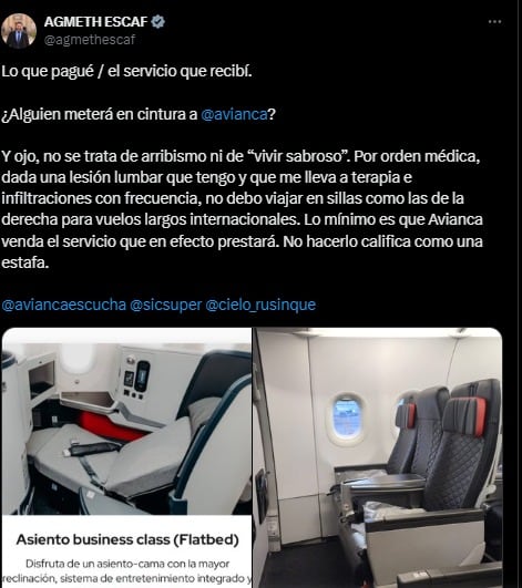 El representante a la Cámara denuncio modificación en los servicios que adquirió con la aerolínea Avianca - crédito @agmethescaf/X