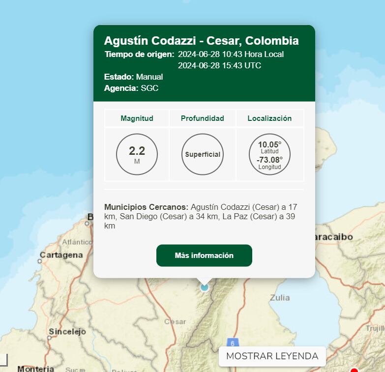 Sismo en Agustín Codazzi - crédito SGC