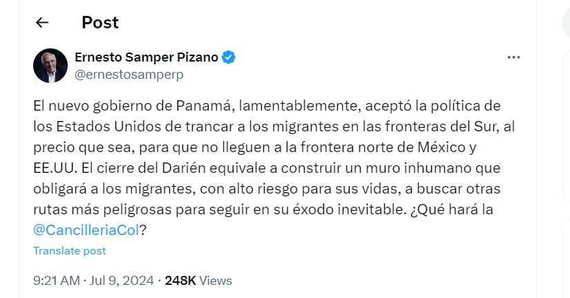 Ernesto Samper cuestionó medida de poner alambres de púas en el Darién - crédito @ernestosamperp