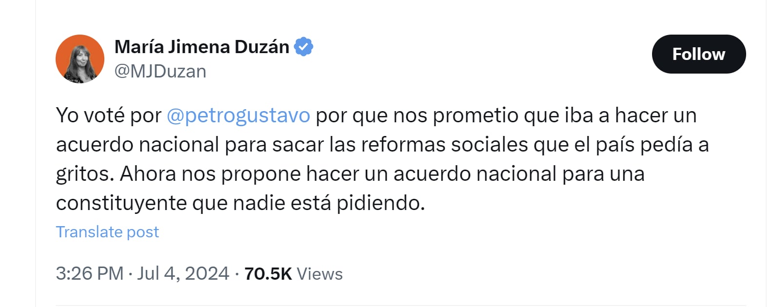 María Jimena Duzán aseguró que nadie está pidiendo la constituyente que ha promovido el presidente Gustavo Petro - crédito @MJDuzan/X